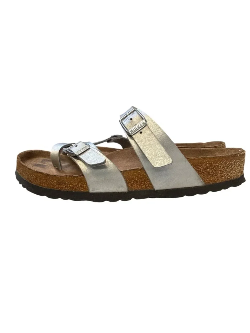 Birkenstock Mayari Birko-Flor Leather Sandals~Size 8~Silver Criss Cross P19 09